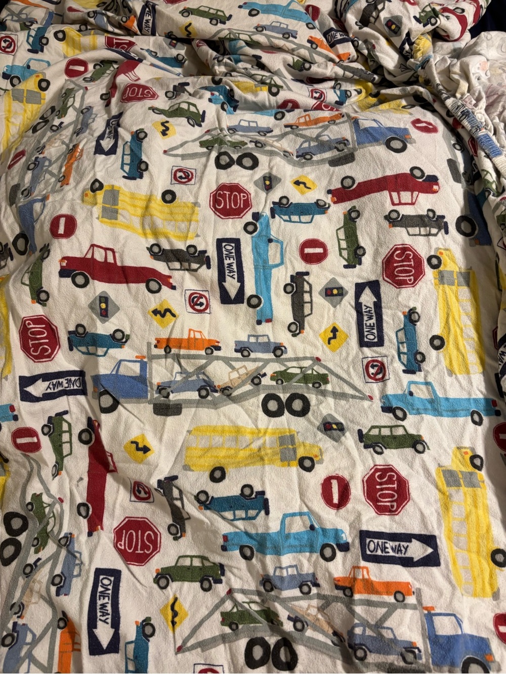 Pottery Barn Kids Cream Sheet with Multicolor Vehicle & Road Sign Pattern
